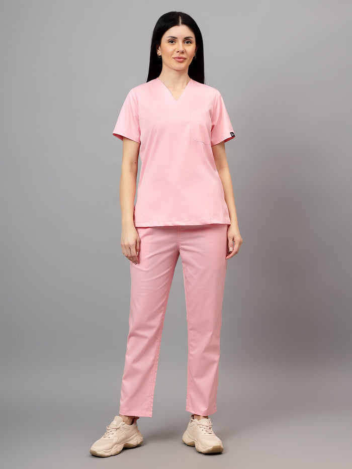 Stretchable (2Way) Women Powder Pink V-Neck With Straight Pant Scrub Set
