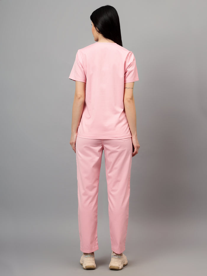 Stretchable (2Way) Women Powder Pink V-Neck With Straight Pant Scrub Set