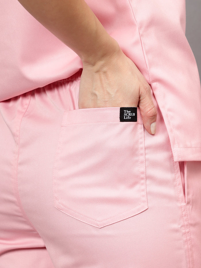 Stretchable (2Way) Women Powder Pink V-Neck With Straight Pant Scrub Set