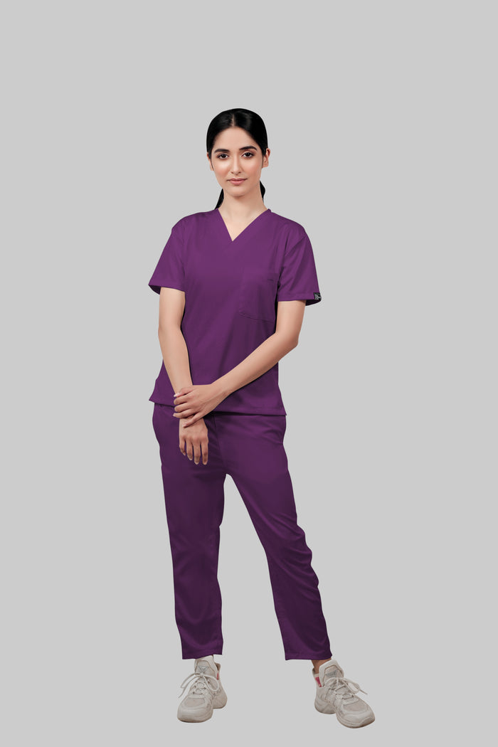 Stretchable (2Way) Women Purple V-Neck With Straight Pant Scrub Set