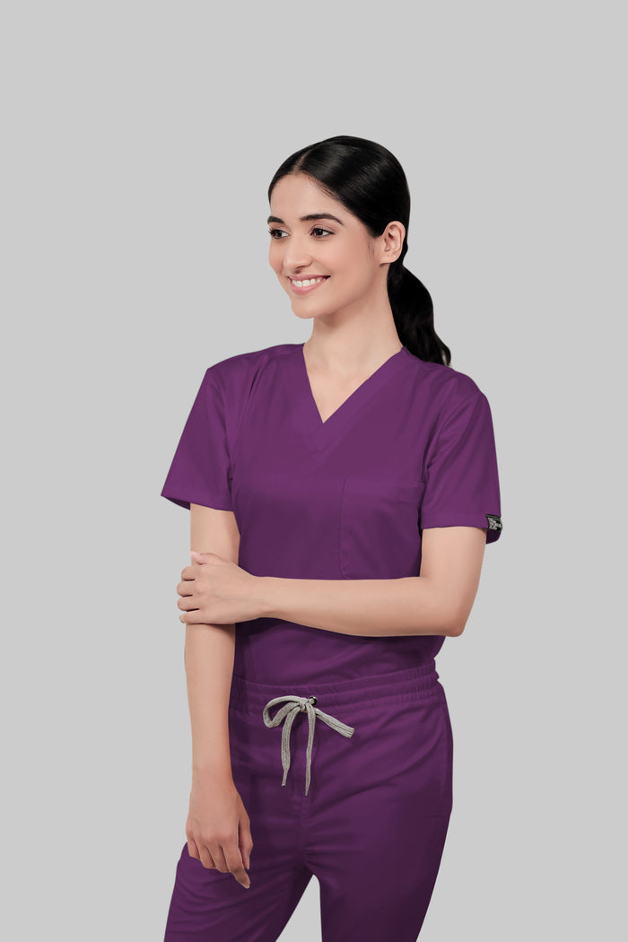 Stretchable (2Way) Women Purple V-Neck With Straight Pant Scrub Set