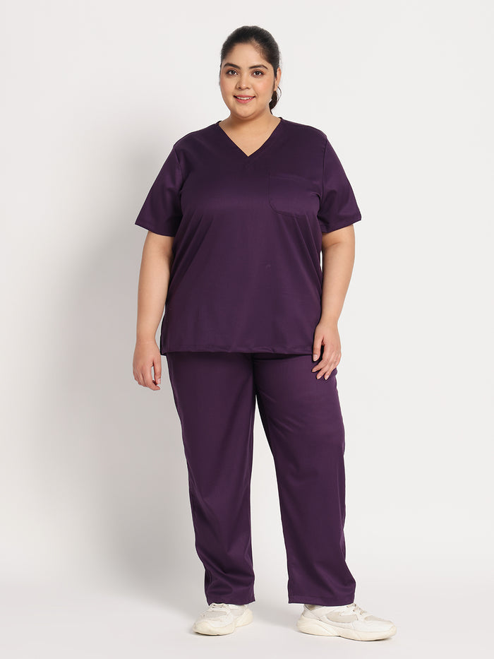 Stretchable (2Way) Women Purple V-Neck With Straight Pant Scrub Set