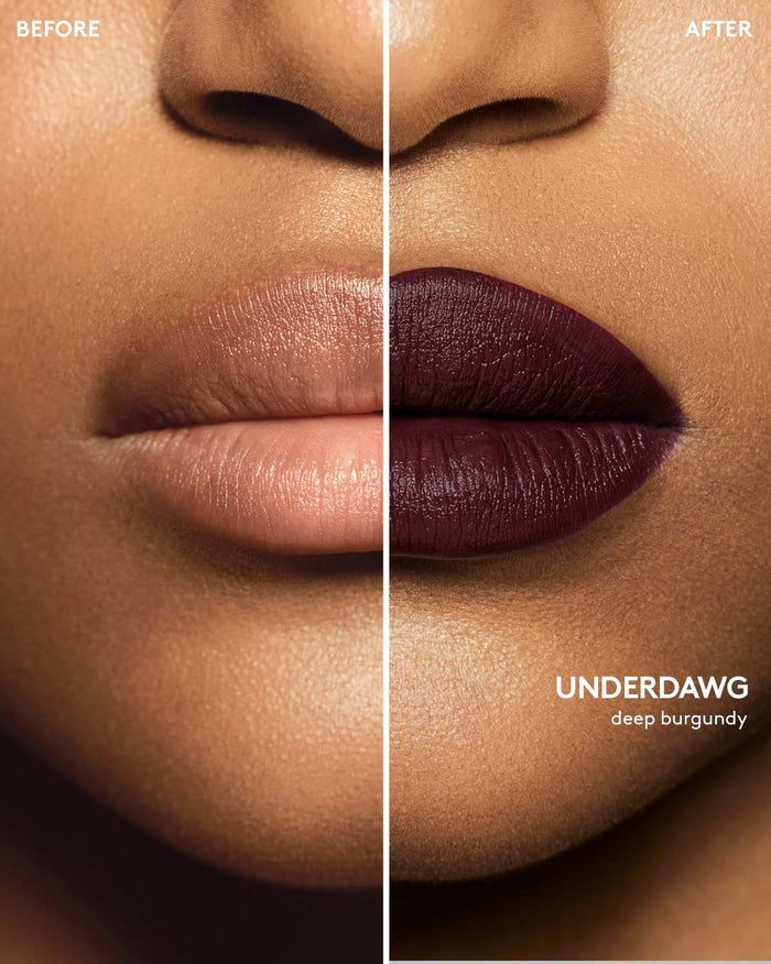 before and after of medium skin toned model wearing stunna lip paint in shade underdwag