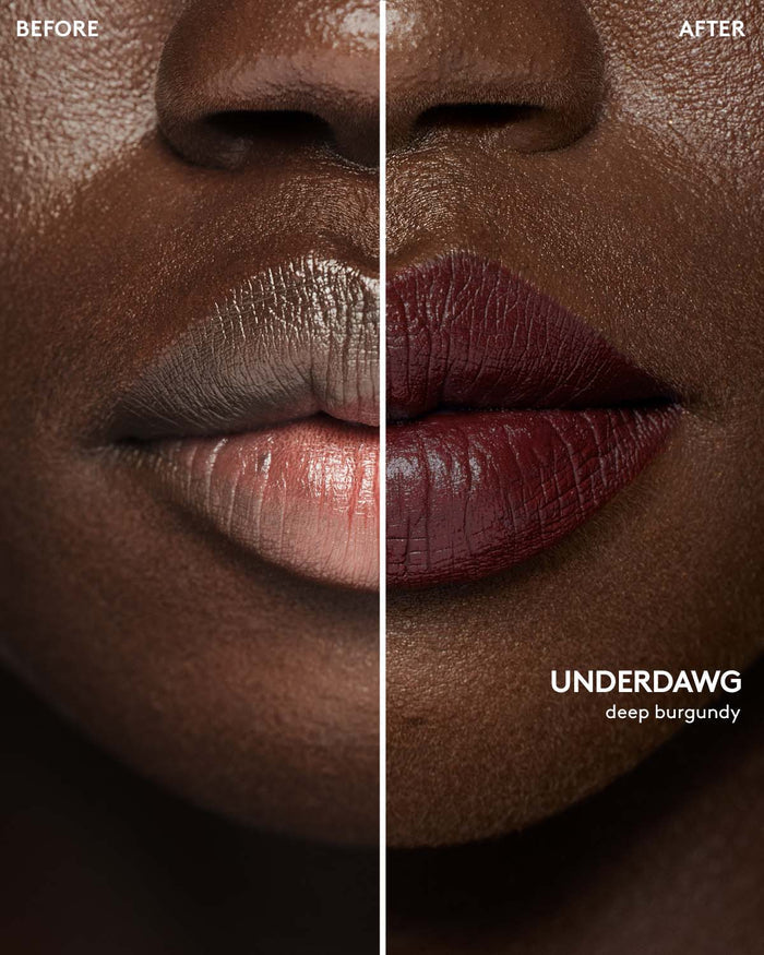 before and after of deep skin toned model wearing stunna lip paint in shade underdwag