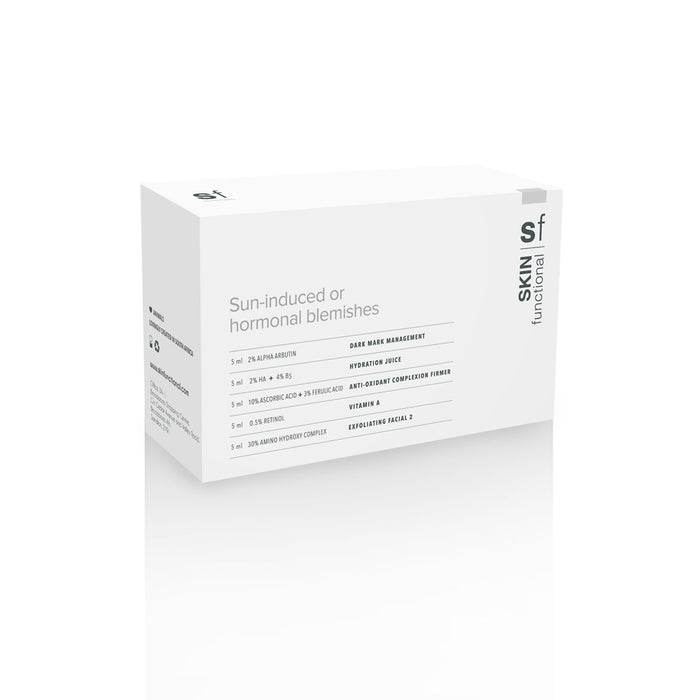 SKIN Functional Sun Induced Skin Treatment Kit with details skincare product on a grey background