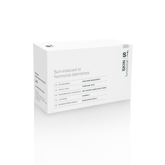 SKIN Functional Sun Induced Skin Treatment Kit with details skincare product on a grey background