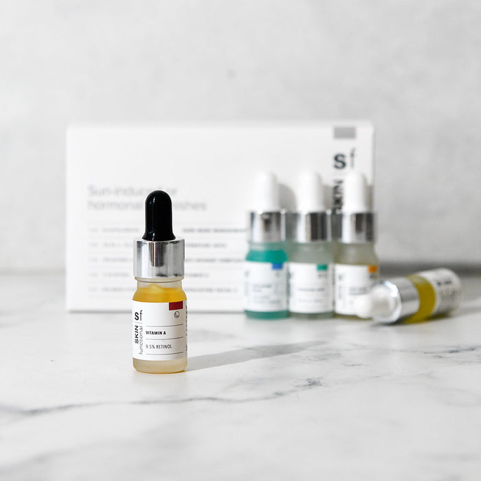 SKIN Functional Sun Induced Skin Treatment Kit with details skincare product on a grey background