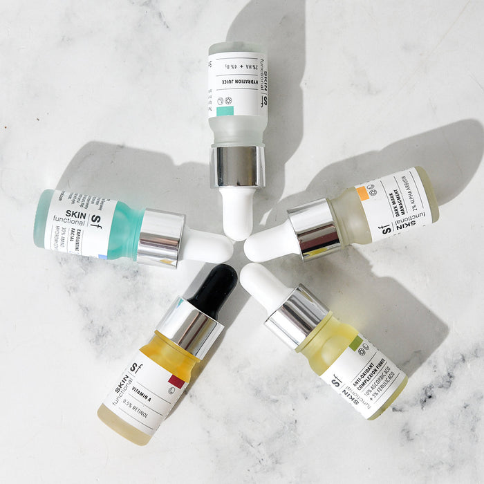 SKIN Functional Dry Skin Treatment Kit with details skincare product on a grey background