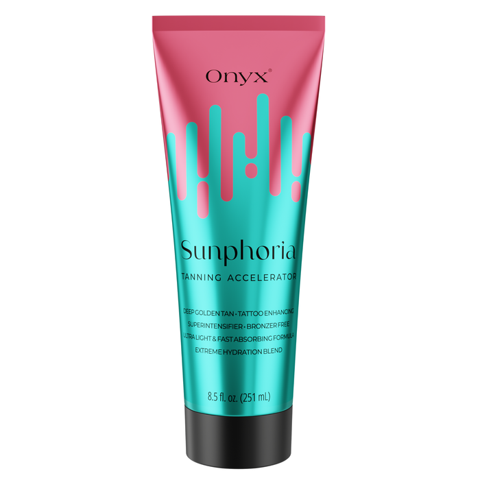 Abbildung einer pink-türkisfarbenen Onyx Sunphoria Tube, die einen Tanning Accelerator zeigt.