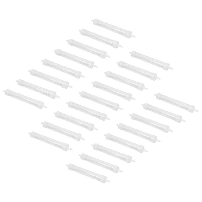 25 white inline water traps scattered on a white background