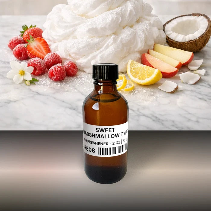 Sweet Marshmallow Type Air Freshener - 2 oz | 57 g fragrance bottle image with atmospheric background for Air Freshener. Premium lifestyle product photo for fragrance listing.