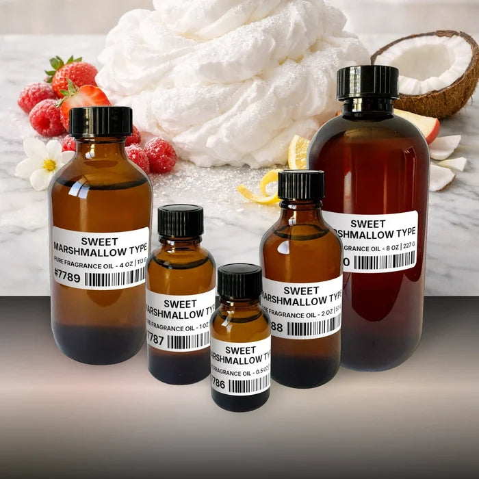 Sweet Marshmallow Type Pure Fragrance Oil - 8 lb | 3.63 kg fragrance bottle image with atmospheric background for Pure Fragrance Oil. Premium lifestyle product photo for fragrance listing.