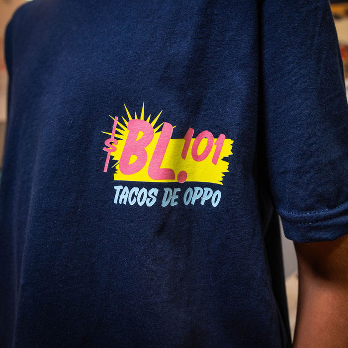 Navy Taco youth graphic tee — front view