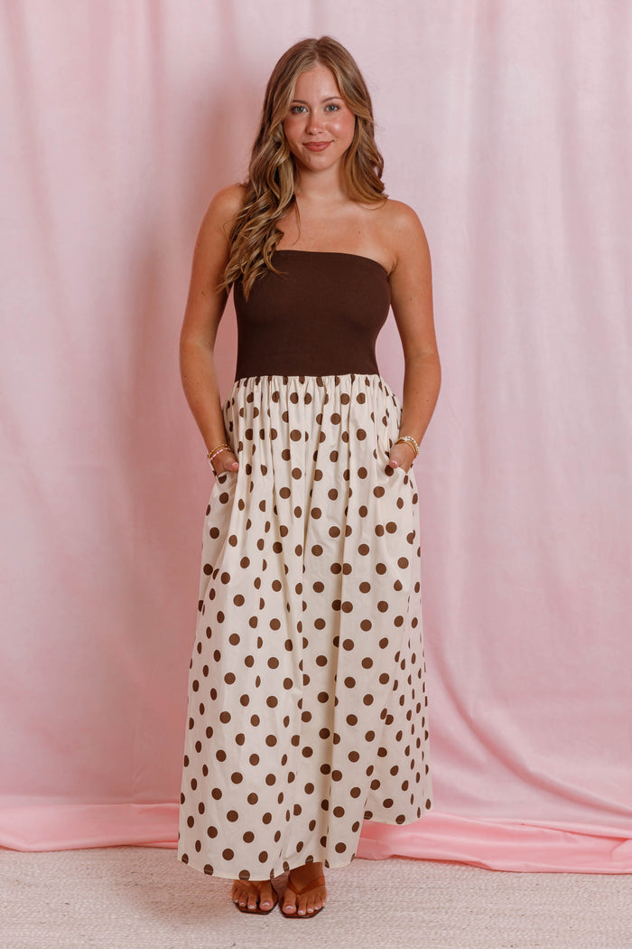 Brown Polka Dot Strapless Maxi Dress- Women's Polka Dot Dress- Olivia Dean Concert Outfit