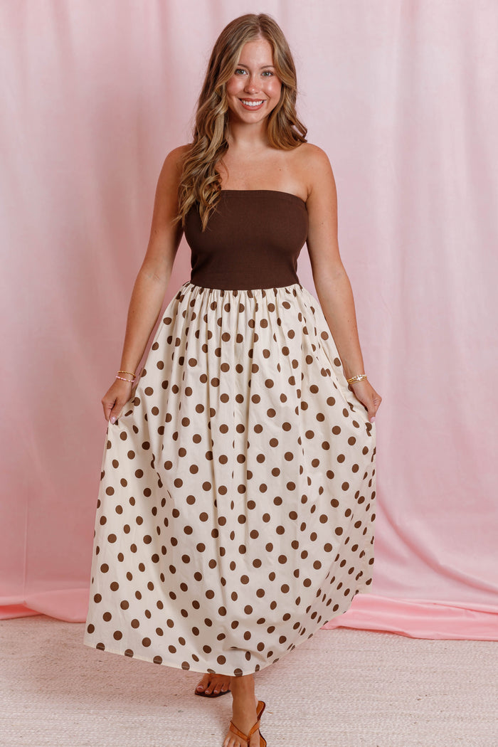 Brown Polka Dot Strapless Maxi Dress- Women's Polka Dot Dress- Olivia Dean Concert Outfit