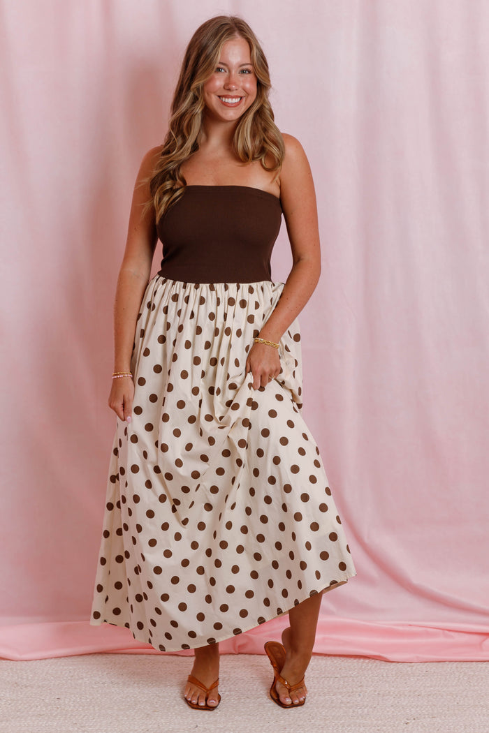 Brown Polka Dot Strapless Maxi Dress- Women's Polka Dot Dress- Olivia Dean Concert Outfit