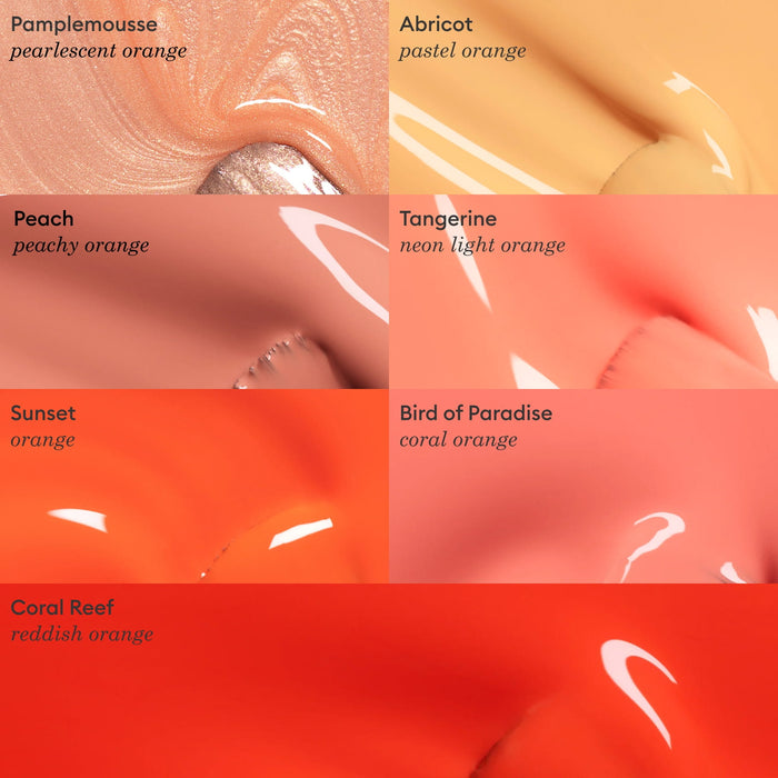 A grid of six Manucurist nail polish swatches, including the shade Tangerine, displays colors from neon to light orange—ideal additions to any Green™ range collection.
