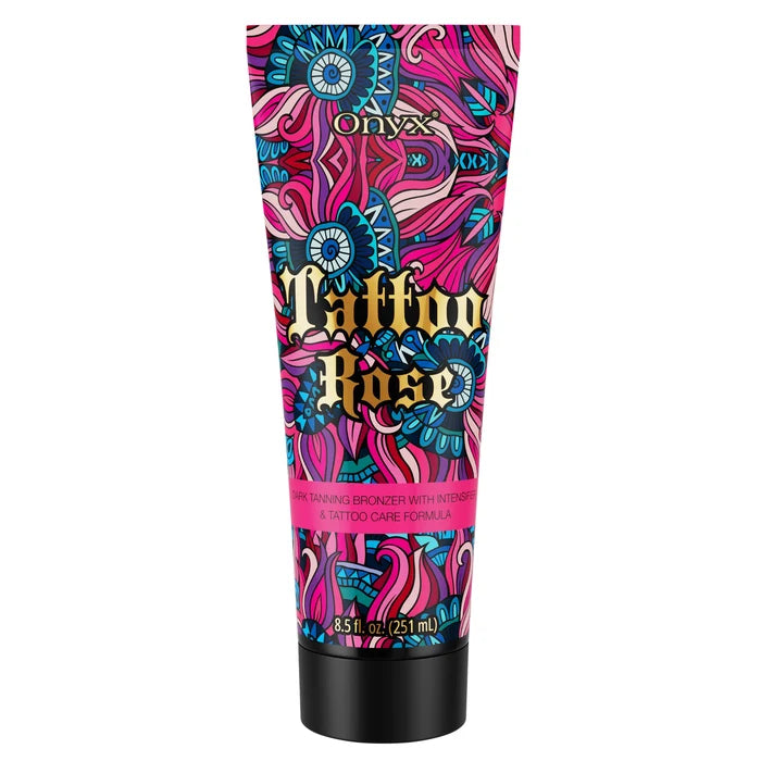 Balsam do opalania Onyx Tattoo Rose w kolorowym opakowaniu z motywem kwiatów i ornamentów, przeznaczony do pielęgnacji tatuaży i przyspieszania opalania