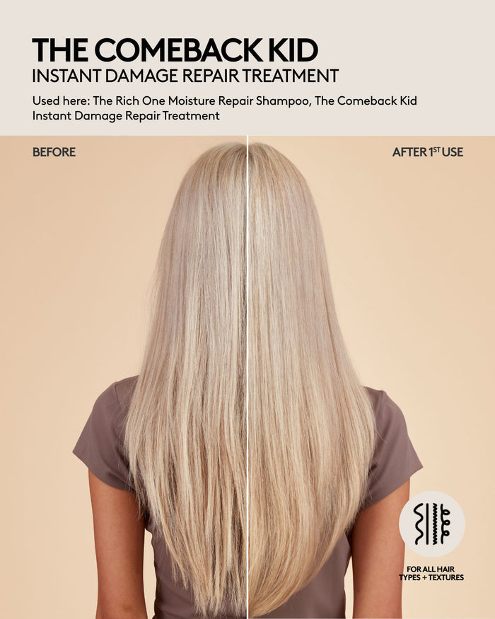 Straight long hair before and after one use of Fenty Hair shampoo and damage repair hair treatment. After 1st use, hair is frizz-free, shiny, smooth and hydrated. Fenty Hair is for all hair types + textures.