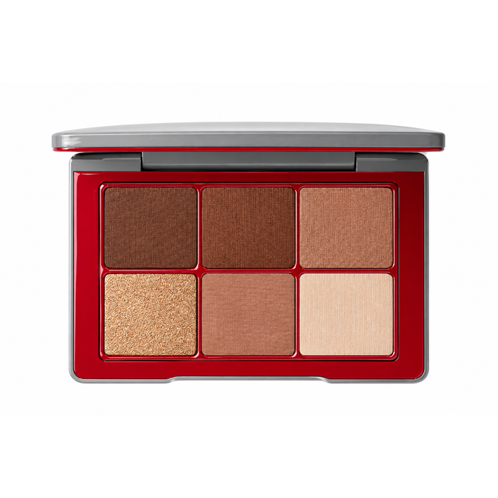 A six-shade eyeshadow palette in a deep red compact with a silver-gray lid, shown open against a solid white background.