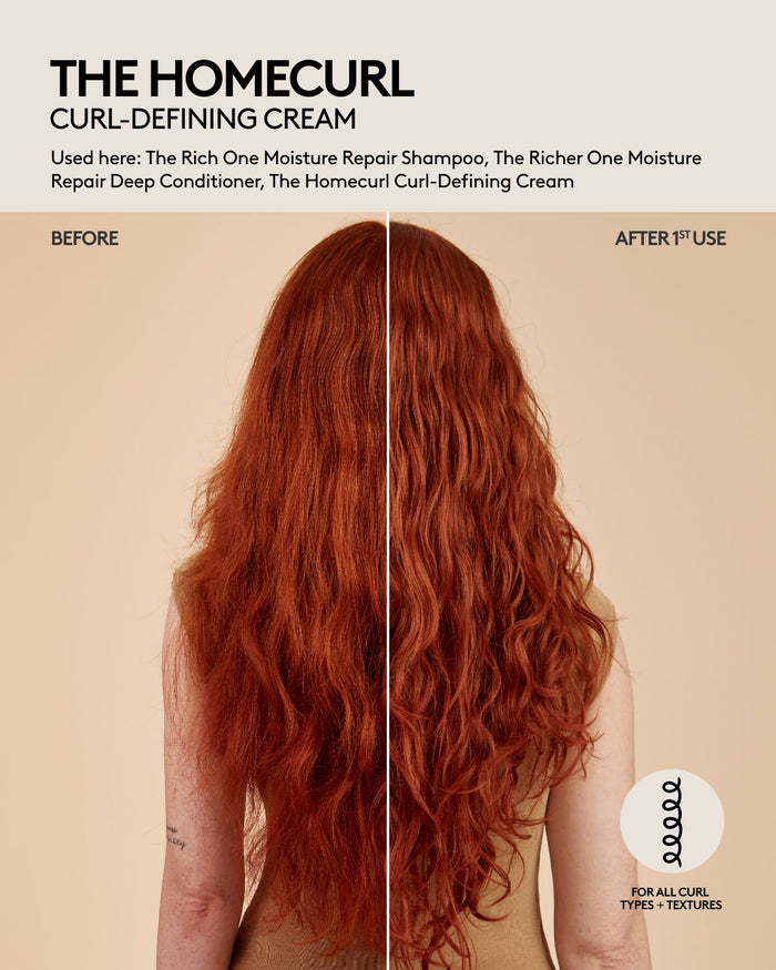 The Homecurl Curl-Defining Cream before and after results after one use on wavy hair