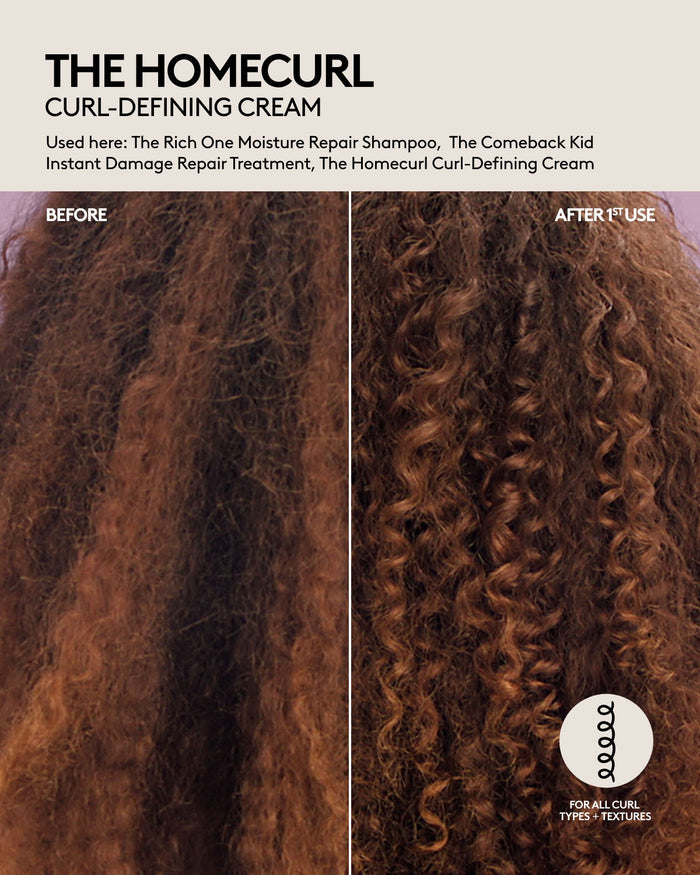 The Homecurl Curl-Defining Cream before and after results after one use on curly hair