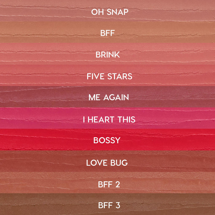 ColourPop Lippie Pencil swatches from The Lil Box of Lippie Pencils displayed in horizontal stripes - nudes to pinks and reds - labeled: Oh Snap, BFF, Brink, Five Stars, Me Again, I Heart This, Bossy, Love Bug, BFF 2, BFF 3.