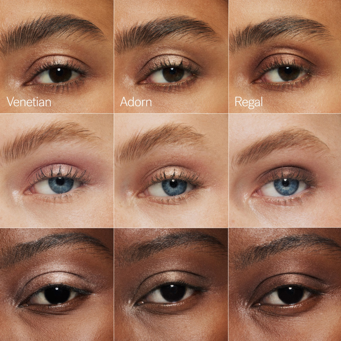 A 3x3 grid showing close-up views of human eyes with different eyeshadow looks labeled Venetian, Adorn, and Regal, plus three additional shade options below. Because visible body parts (eyes/skin) are present, this fits Lifestyle rather than Product/Packaging, even though it functions like a shade comparison graphic.
