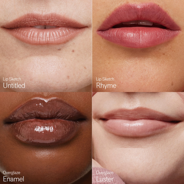 A four-panel grid showing close-ups of lips modeling different ILIA lip shades: a matte nude beige labeled "Lip Sketch Untitled," a satin berry pink labeled "Lip Sketch Rhyme," a glossy deep chocolate brown labeled "Overglaze Enamel," and a glossy soft pink nude labeled "Overglaze Luster."