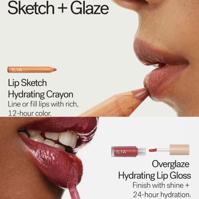 Promotional graphic for ILIA "Sketch + Glaze" pairing, showing a model applying Lip Sketch Hydrating Crayon to her lips in the top panel, and a model with high-shine, deep red lips in the bottom panel alongside the Overglaze Hydrating Lip Gloss.