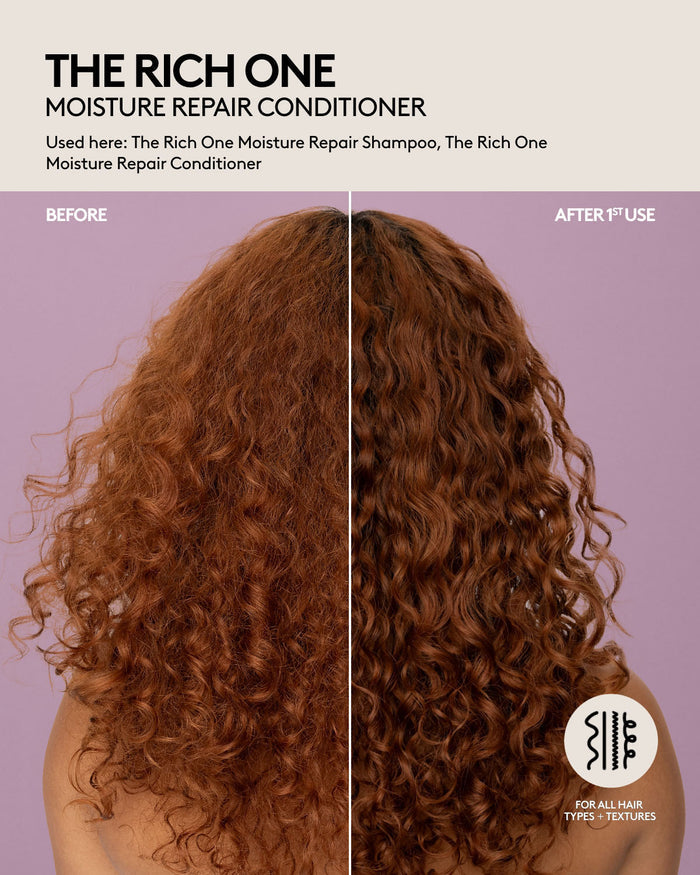 Curly long hair before and after one use of Fenty Hair shampoo and conditioner. Curls are defined, hair is shiny, appears healthier and hydrated. Fenty Hair is for all hair types + textures.