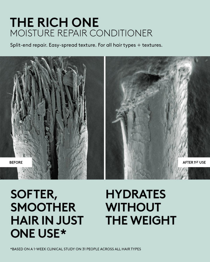 Microscopic photograph showing a strand of hair before and after 1st use of Fenty Hair conditioner, which provides split-end repair, easy-spread texture, and is designed for all hair types + textures. Hair is softer and smoother after one use, based on a 1-week clinical study on 31 people across all hair types.