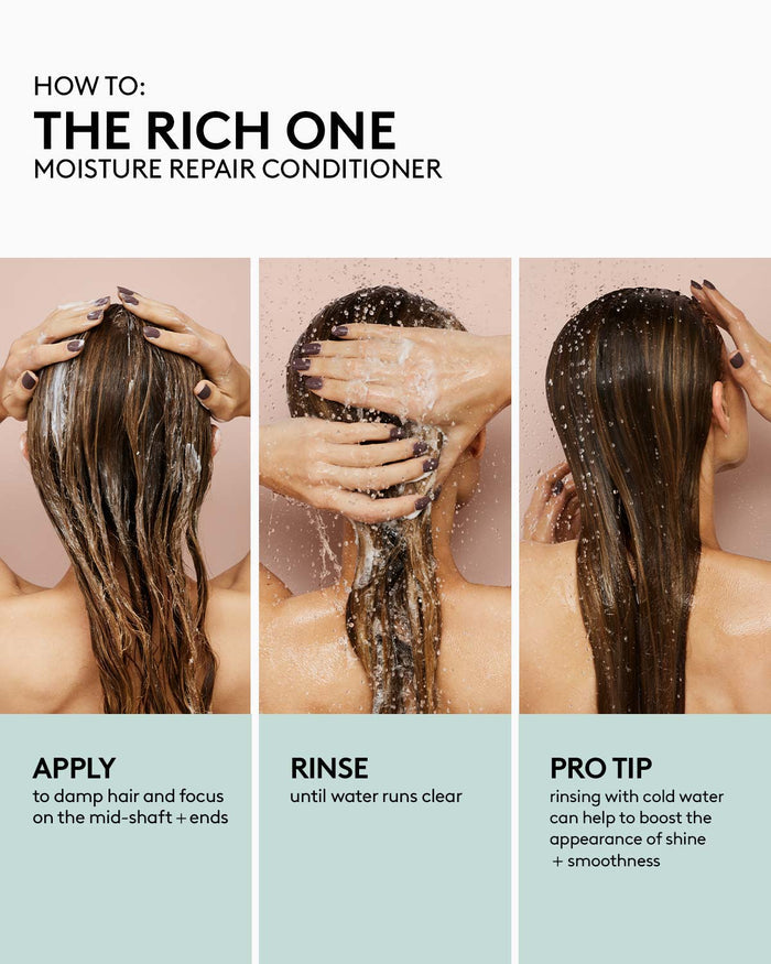 How to use Fenty Hair Conditioner: 1) Apply to damp hair and focus on the mid-shaft + ends 2) Rinse until water runs clear. Pro tip: rinsing with cold water can help to boost the appearance of shine + smoothness.