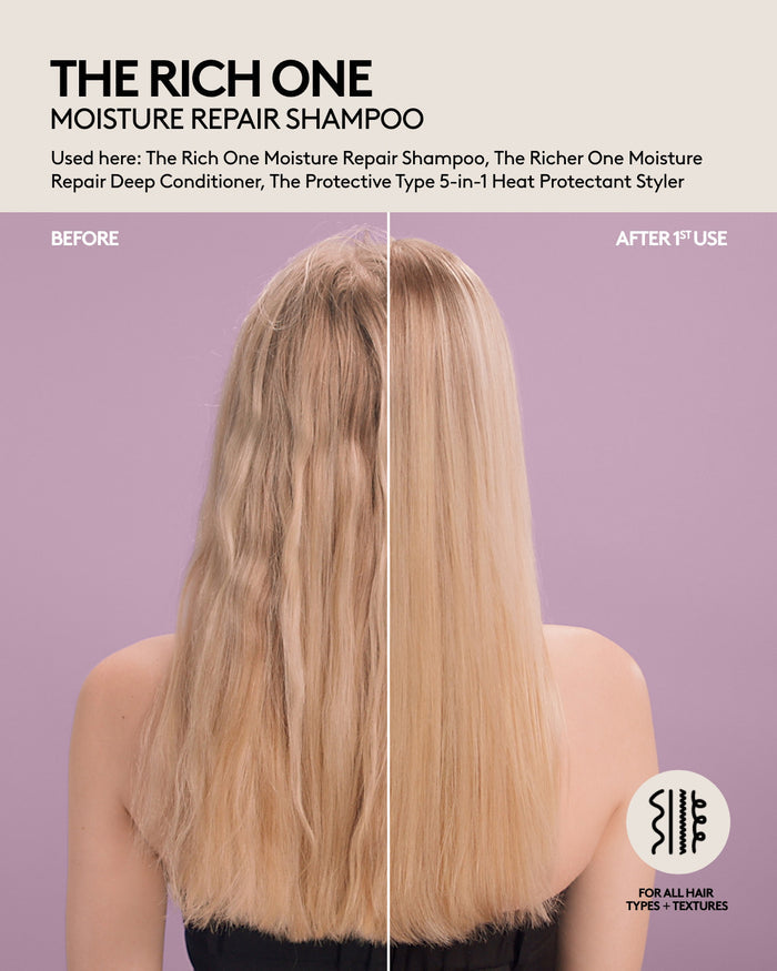Straight medium-length hair before and after one use of Fenty Hair Moisture Repair Shampoo, Deep Conditioner, and Heat Protectant, hair is smooth, shiny, appears healthier and hydrated. Fenty Hair is for all hair types + textures.