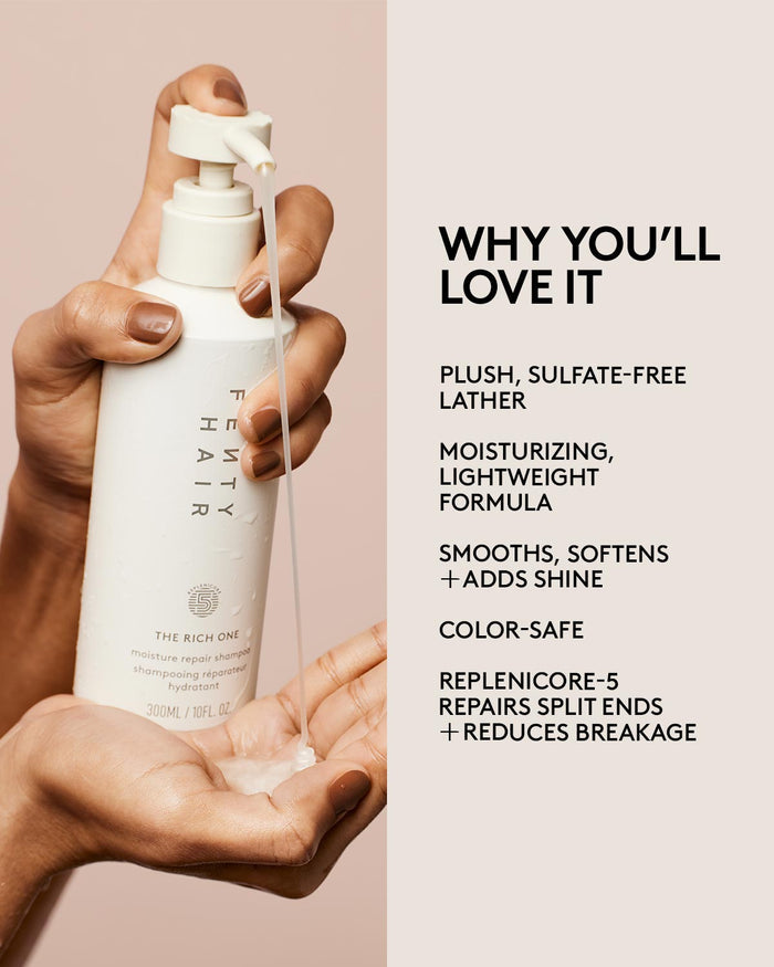 Fenty Hair Shampoo has a plush, sulfate-free lather; a moisturizing, lightweight formula; it smooths, softens + adds shine; is color-safe; and includes Replenicore-5 to repair split ends + reduce breakage.