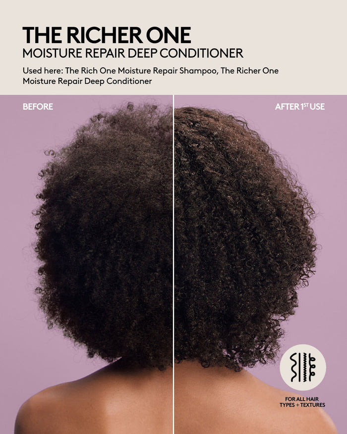 Coily short hair before and after one use of Fenty Hair shampoo and deep conditioner. Hair is shiny, appears healthier and hydrated. Fenty Hair is for all hair types + textures.