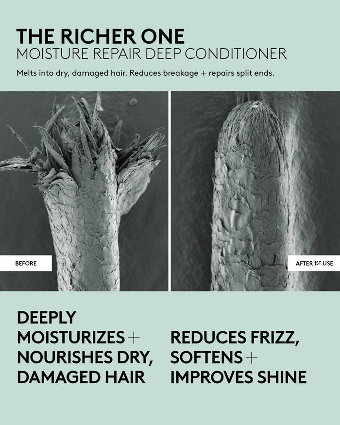 Microscopic photograph showing a strand of hair before and after 1st use of Fenty Hair deep conditioner, which melts into dry, damaged hair, reduces breakage + repairs split ends. Deep conditioner deeply moisturizes + nourishes dry, damaged hair and reduces frizz, softens + improves shine.
