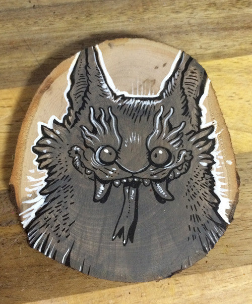 TINY KAIJU- ORIGINAL ILLUSTRATION ON WOOD SLICE- "BIG EARS"