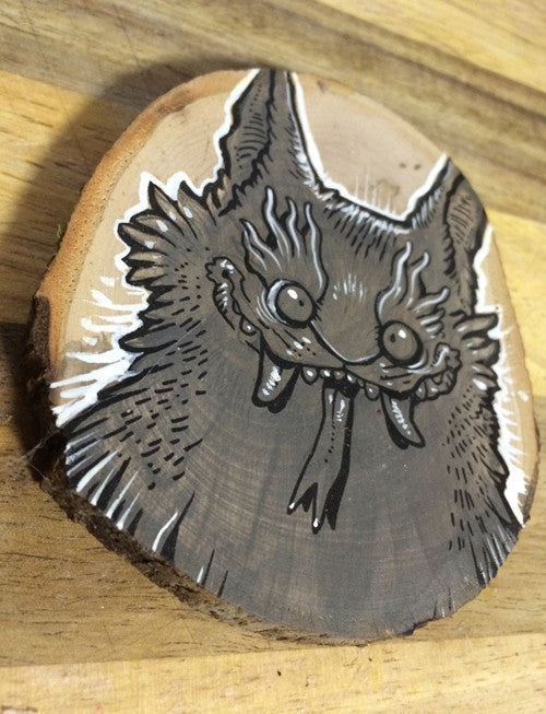 TINY KAIJU- ORIGINAL ILLUSTRATION ON WOOD SLICE- "BIG EARS"