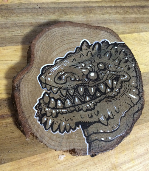 TINY KAIJU- ORIGINAL ILLUSTRATION ON WOOD SLICE- "FOUR EYES"