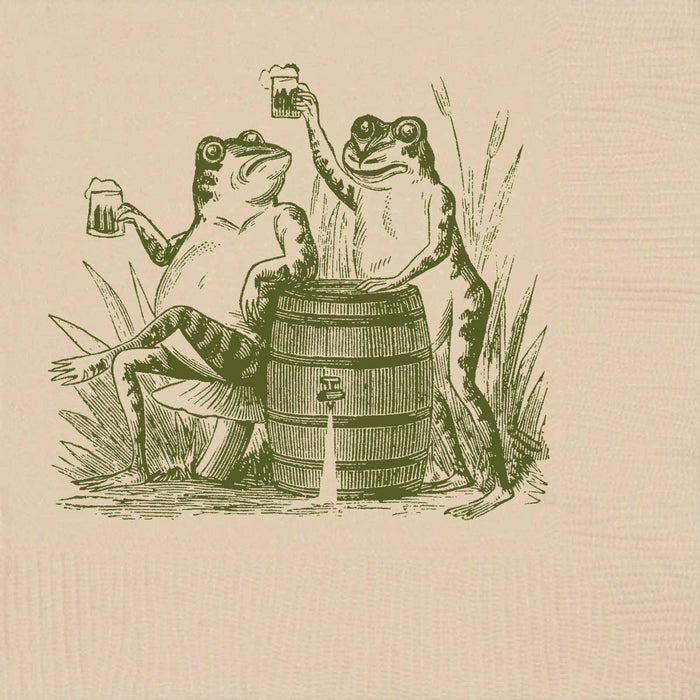 Set of Toasting Toads cocktail napkins by Alexa Pulitzer featuring playful toad illustrations for gatherings and celebrations.