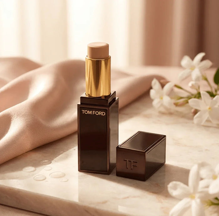 Tom Ford concealer stick in black and gold tube on marble with white flowers and fabric