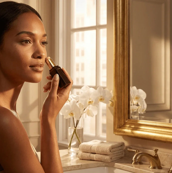 Woman applying matte concealer stick in a bathroom with orchids and a gold framed mirror