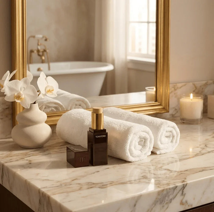 Cream concealer stick on marble bathroom counter with rolled towels, candles, and vase with white flowers