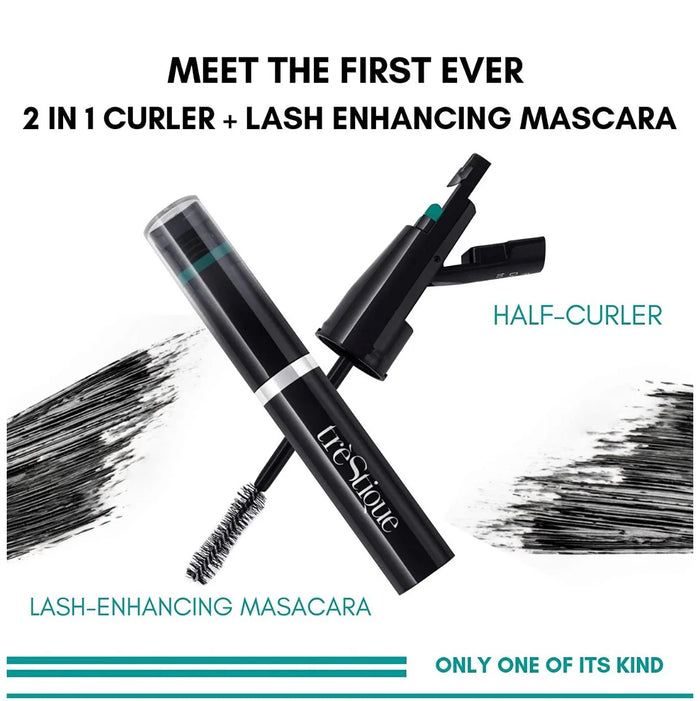 2-in-1 eyelash curler and lash-enhancing mascara tube with close-up brush and applicator