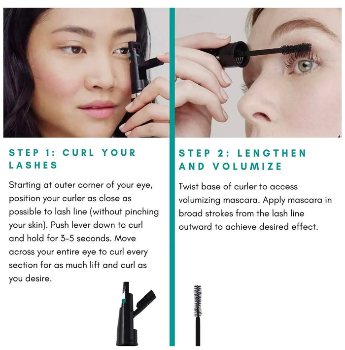 Woman using eyelash curler, then applying mascara to lashes with makeup steps guide.