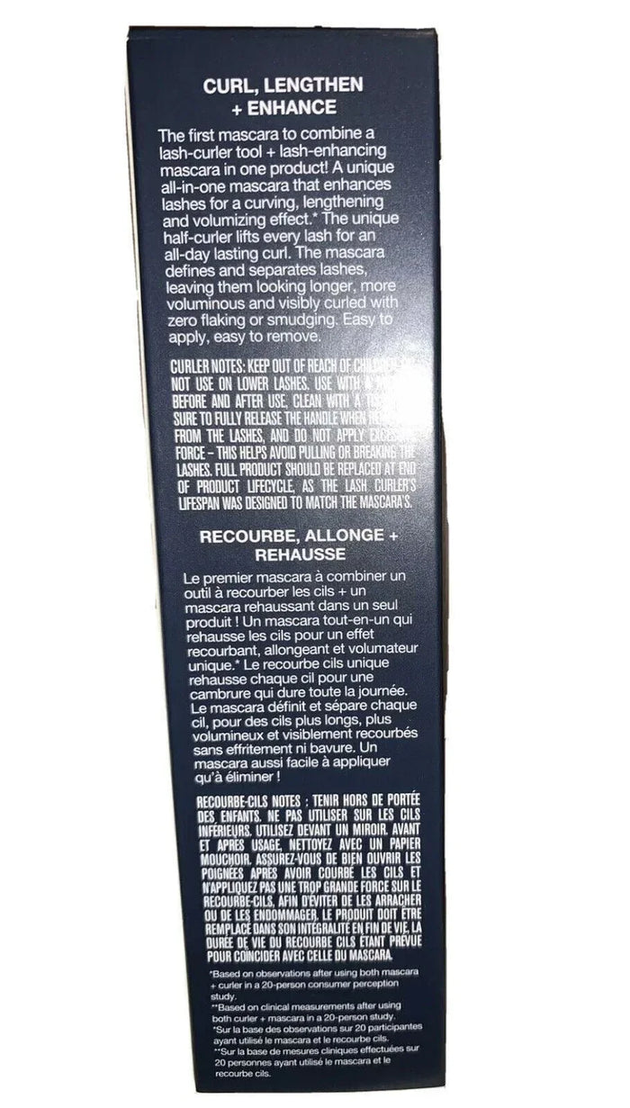 Close-up of a product box with mascara and lash curler instructions in English and French text.