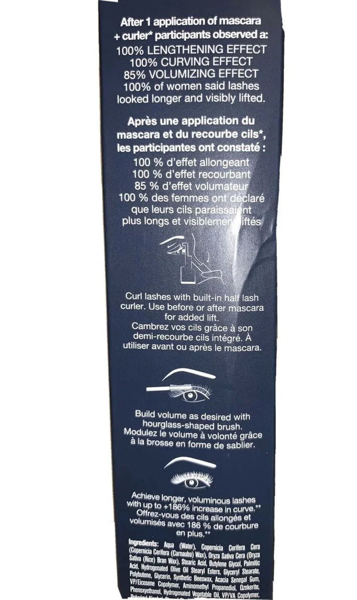 Mascara and eyelash curler product box, detailing lengthening, curling, and volumizing effects.