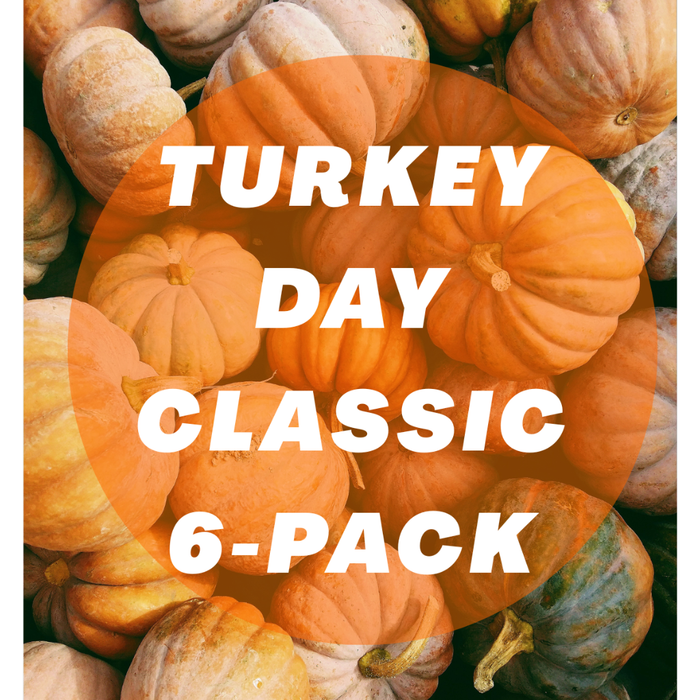 Turkey Day Classic 6-pack graphic over assorted pumpkins with white and orange text