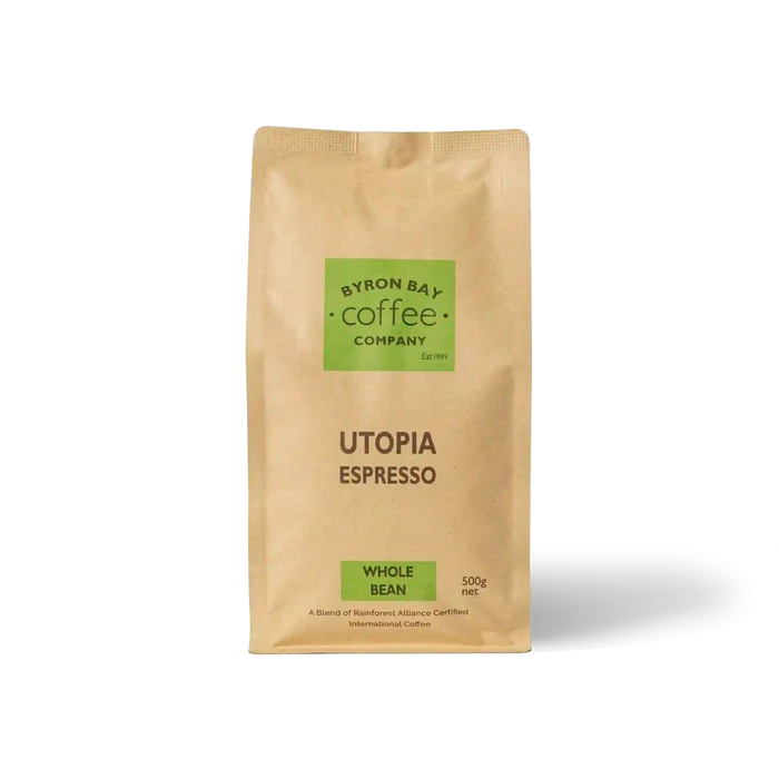 Bag of Utopia Espresso coffee with stone fruit and toffee aroma